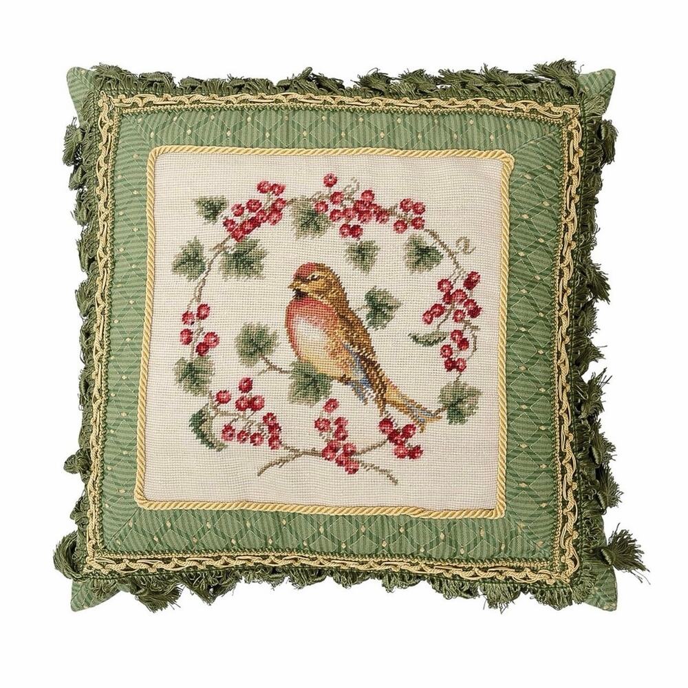 C&F Home "Bird in Red Currant" Petit Point Wool Needlepoint Throw Pillow 16x16